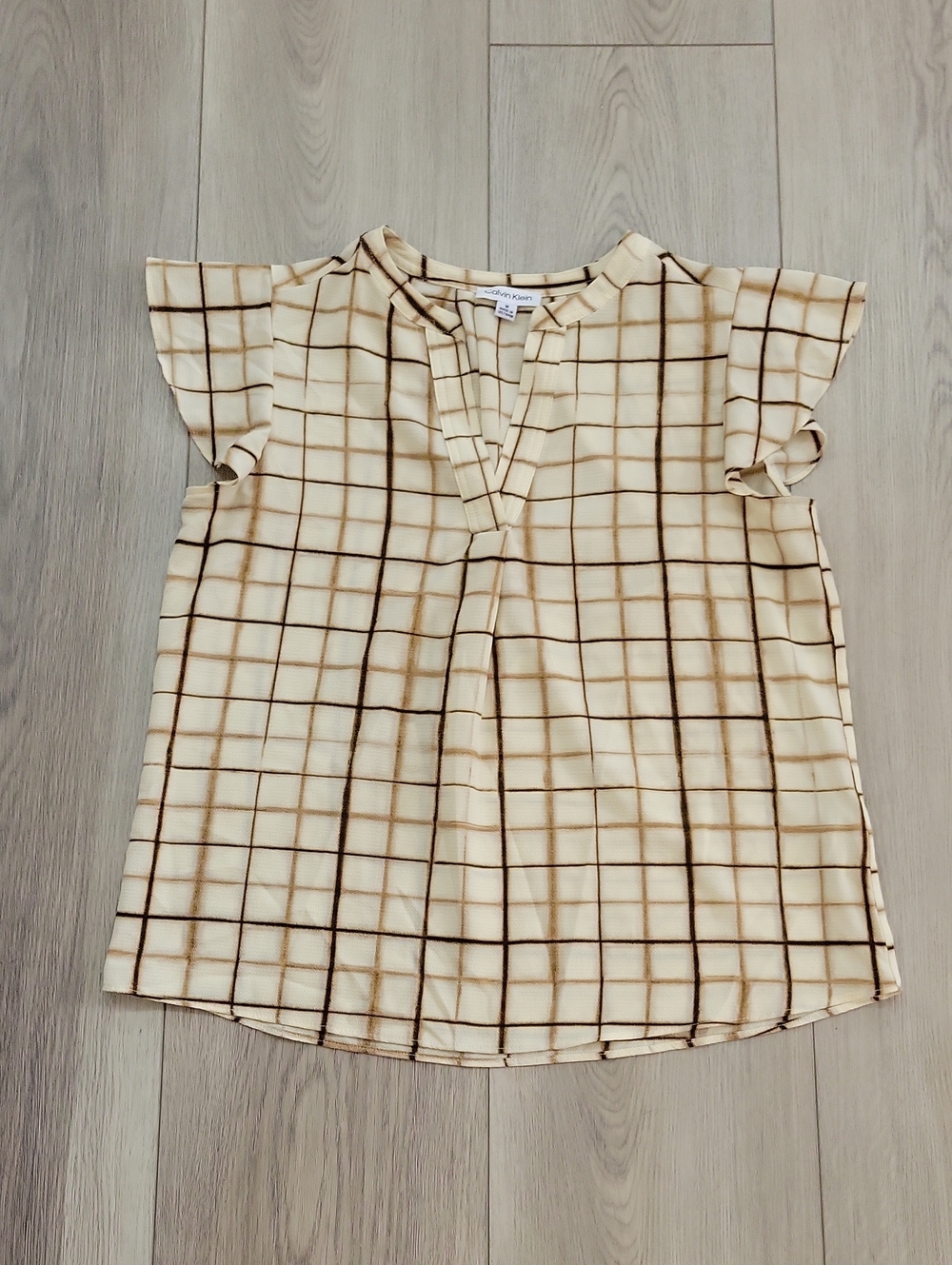 Calvin Klein Cream Blouse with Brown Windowpane Check